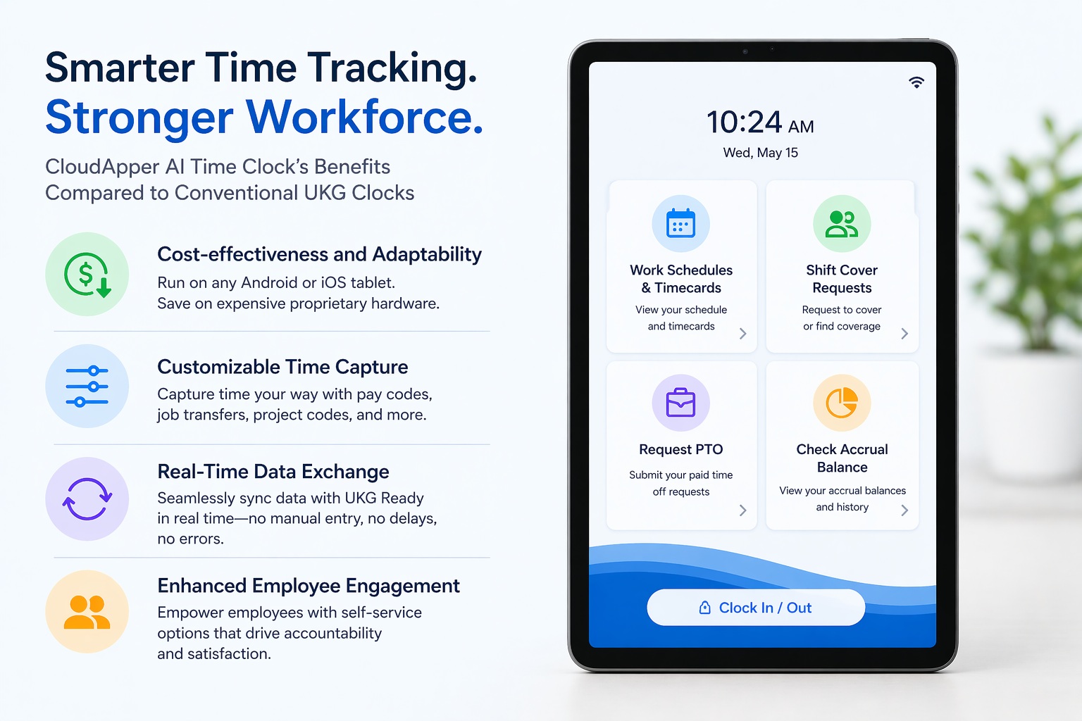 iPad-based time clock interface highlighting benefits over traditional UKG clocks including cost savings, customizable time capture, real-time data sync, and employee self-service features