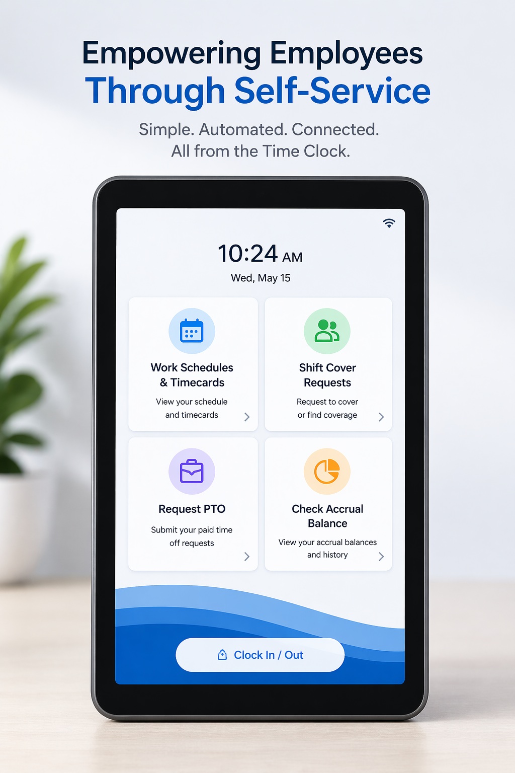 iPad-based employee self-service time clock interface showing schedule access, shift requests, PTO submission, and accrual balance features in a clean HRIS design