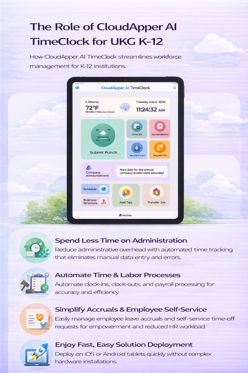 Portrait infographic showing how CloudApper AI TimeClock improves workforce management in K-12 institutions by reducing administrative work, automating time and labor tracking, simplifying accruals and employee self-service, and enabling fast deployment using tablet devices.