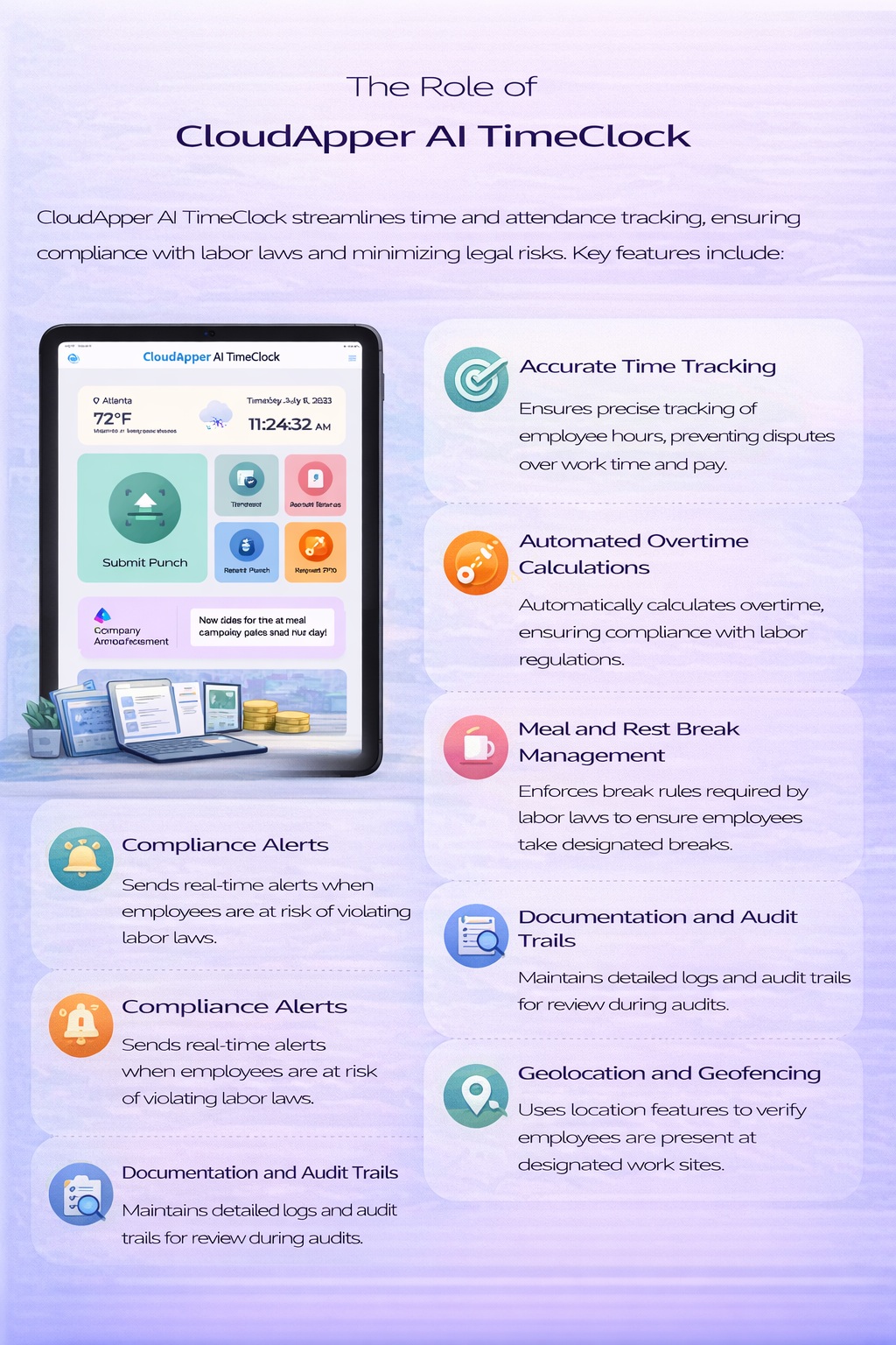 Portrait infographic illustrating how CloudApper AI TimeClock helps organizations maintain labor law compliance through accurate time tracking, automated overtime calculations, compliance alerts, break management, geofencing, and audit trails.