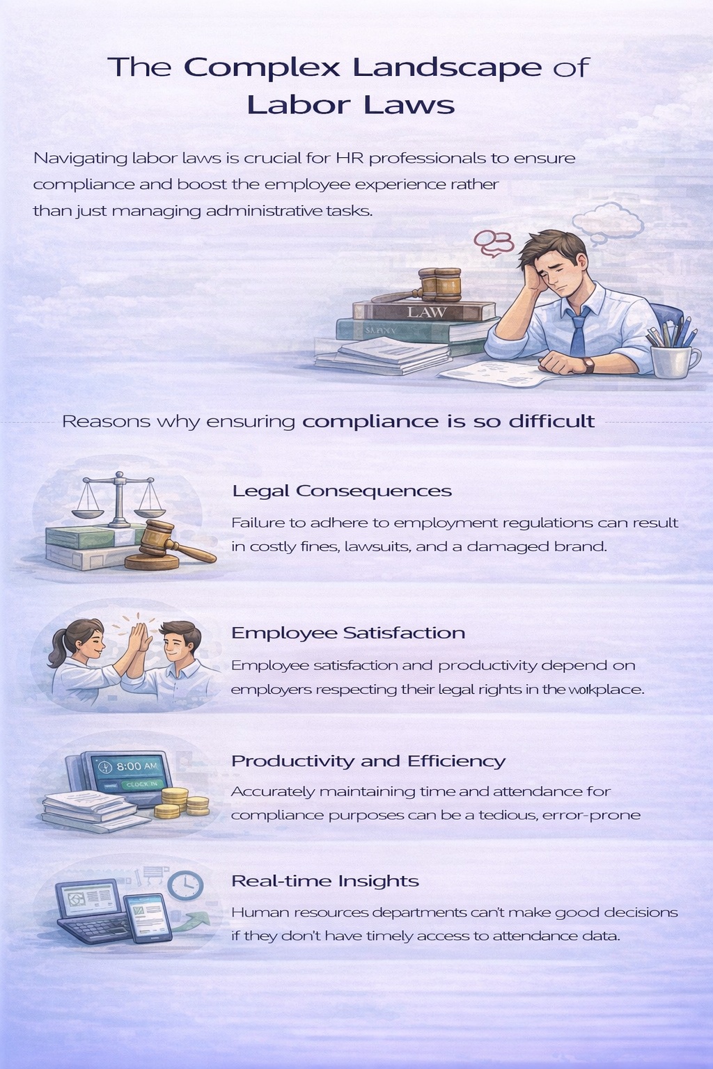 Portrait infographic explaining the complex landscape of labor laws, highlighting compliance challenges such as legal consequences, employee satisfaction, productivity issues, and lack of real-time insights in time tracking.