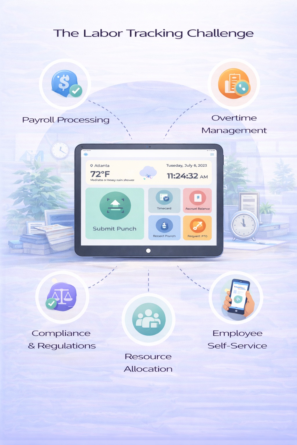 Portrait infographic illustrating the labor tracking challenge in workforce management, highlighting payroll processing, overtime management, compliance with labor regulations, resource allocation, and employee self-service using a digital time tracking tablet interface.