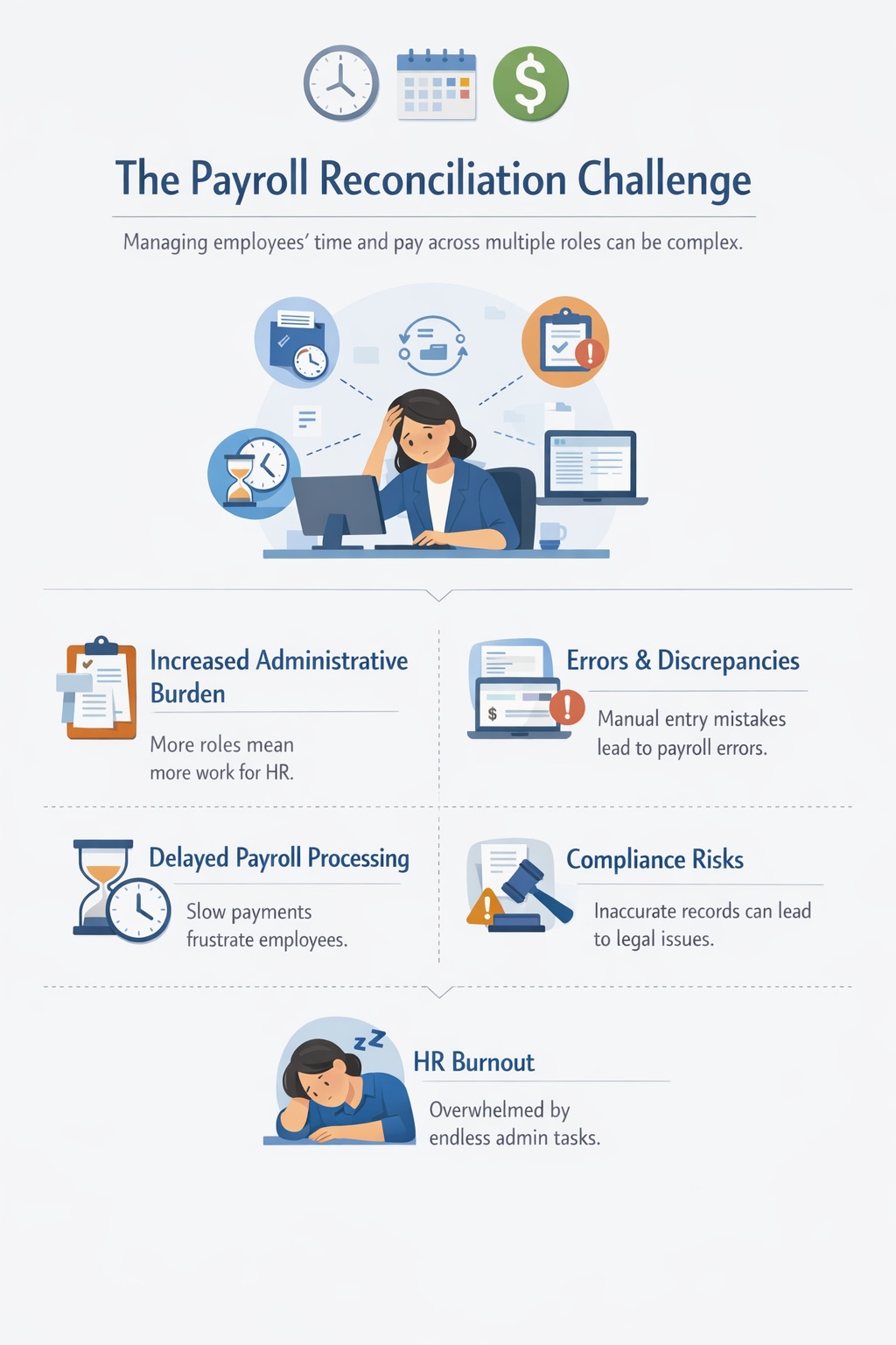 Payroll reconciliation challenges infographic showing administrative burden, payroll errors, delayed payroll processing, compliance risks, and HR burnout caused by tracking employees working multiple roles.