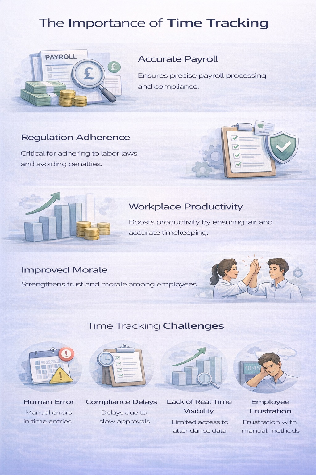 Portrait infographic explaining the importance of UKG time tracking and compliance, highlighting payroll accuracy, labor law adherence, human error, compliance delays, lack of real-time visibility, and employee frustration.