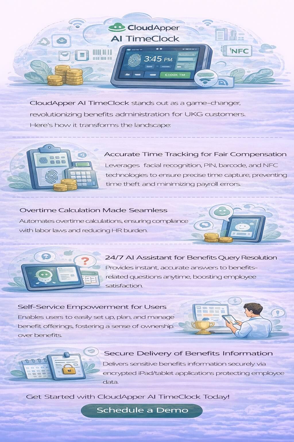 Infographic highlighting how CloudApper AI TimeClock improves UKG benefits administration through accurate time tracking, automated overtime calculation, 24/7 AI assistant support, employee self-service, secure data delivery, and a get started call to action.