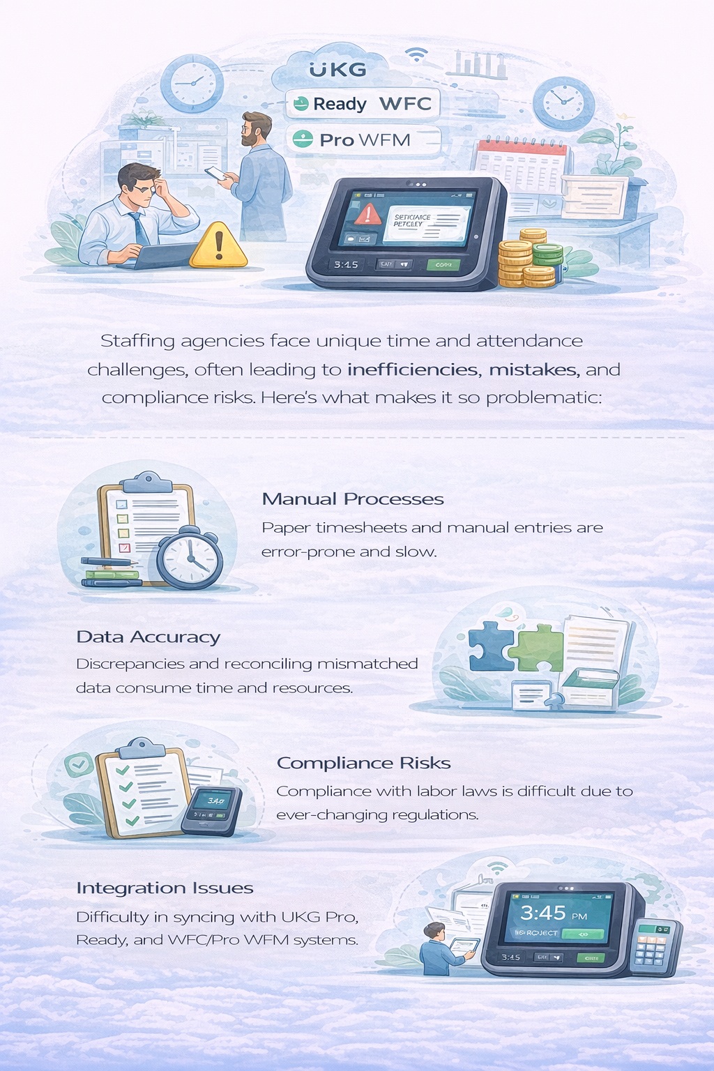 Infographic illustrating time and attendance challenges in staffing agencies, including manual processes, data accuracy issues, compliance risks, and integration difficulties with UKG Pro, Ready, WFC, and Pro WFM.