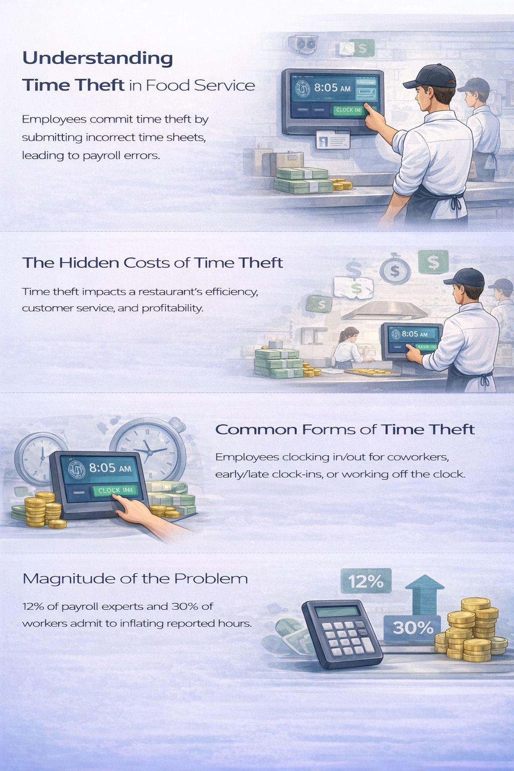 Minimal portrait infographic explaining time theft in the food service industry, including definition, hidden costs, common forms like buddy punching, and key statistics (12% and 30%).