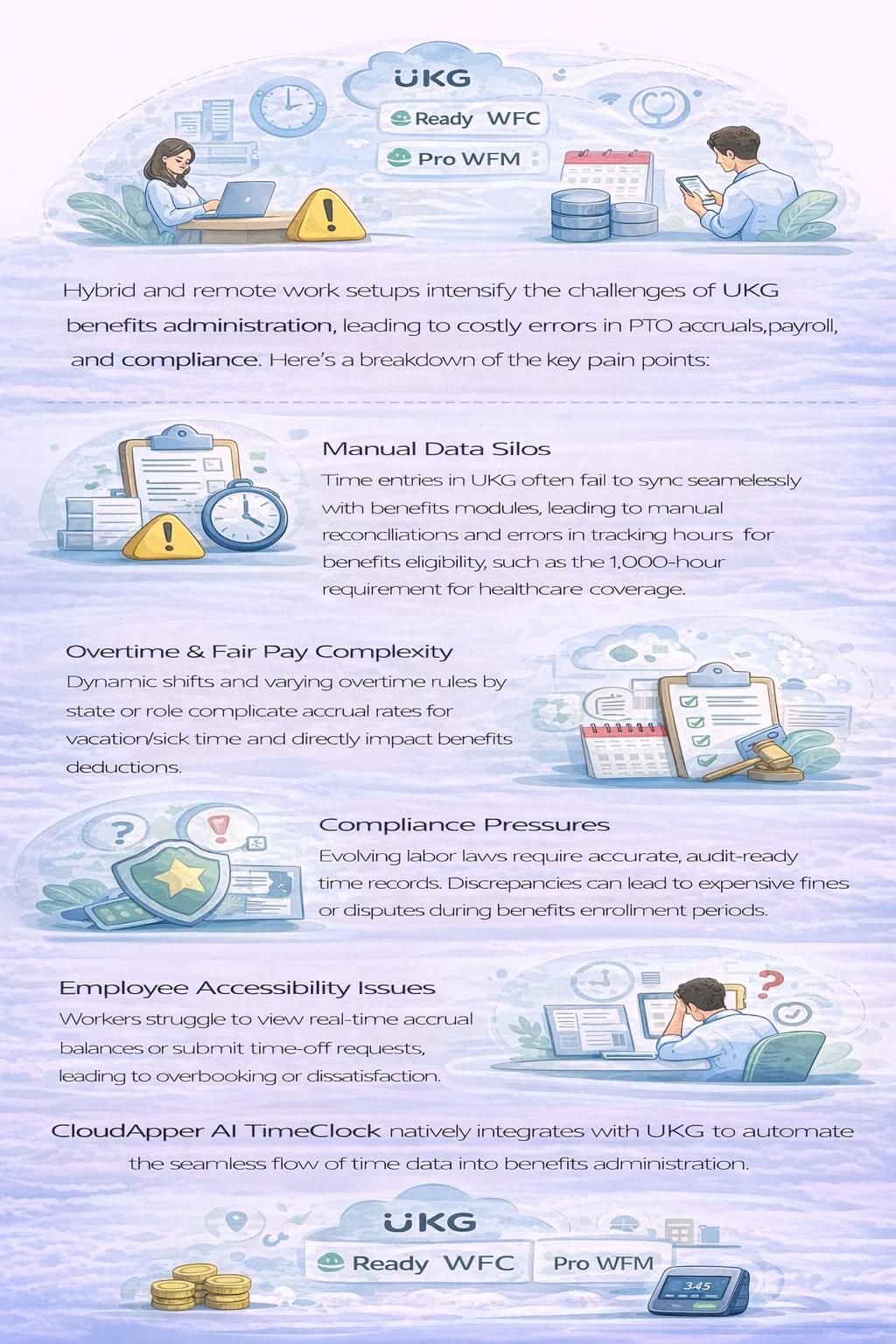 Infographic illustrating challenges of UKG benefits administration in hybrid and remote work environments, including manual data silos, overtime complexity, compliance pressures, employee accessibility issues, and a get started call to action.