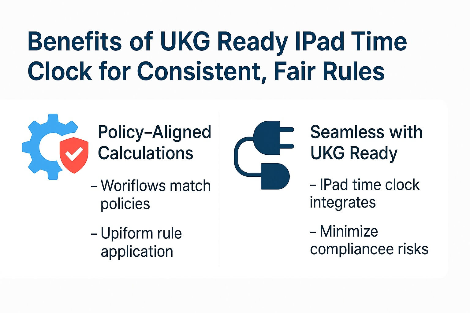 Infographic: Benefits of UKG Ready iPad Time Clock—policy-aligned pay calculations, consistent enforcement, seamless UKG Ready integration, field simplicity, real outcomes.
