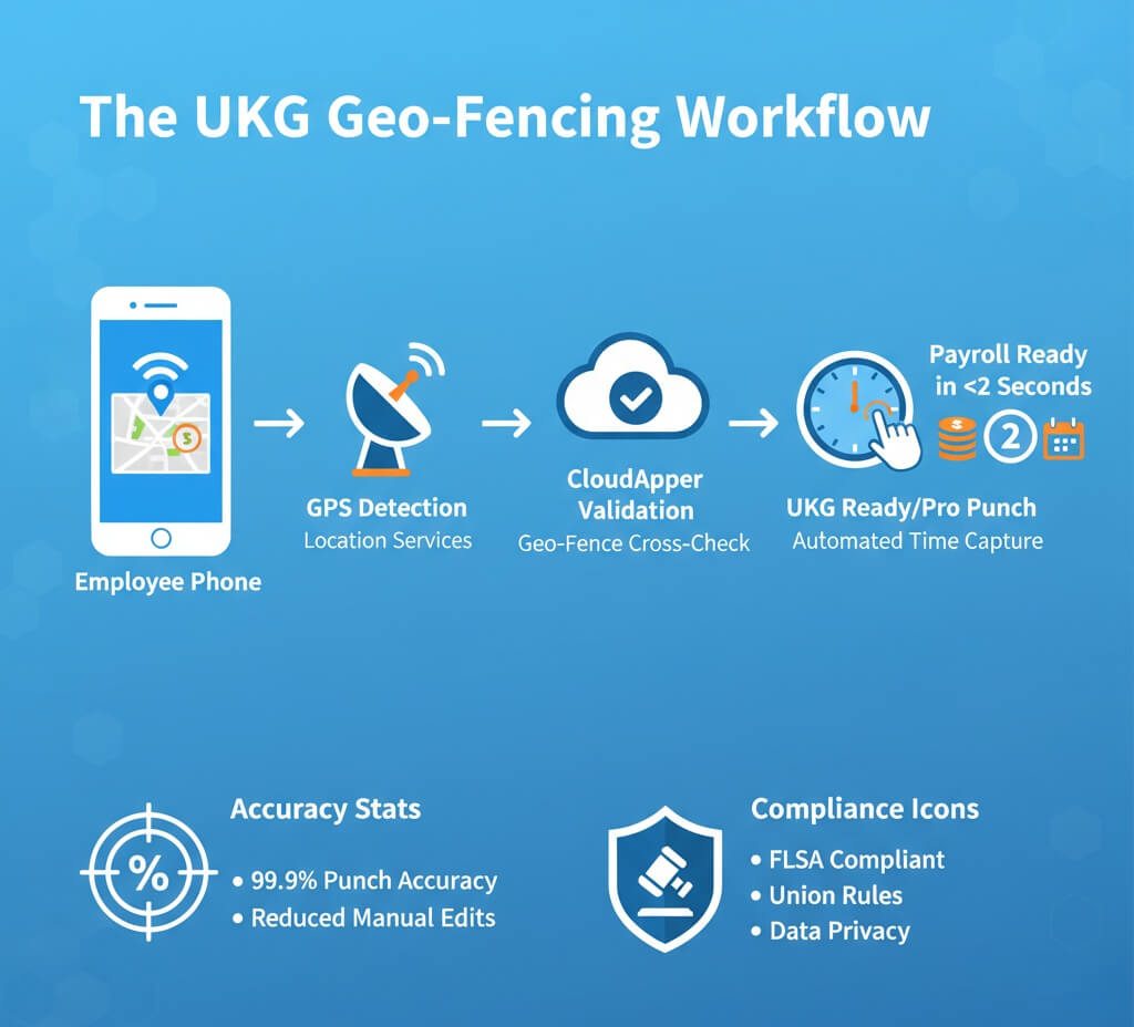 Infographic illustrating the UKG Geo-Fencing Workflow for automated time capture. The process flows from Employee Phone $\rightarrow$ GPS Detection $\rightarrow$ CloudApper Validation (Geo-Fence Cross-Check) $\rightarrow$ UKG Ready/Pro Punch (Automated Time Capture), resulting in Payroll Ready in $<2$ Seconds. Includes Accuracy Stats ($99.9\%$ Punch Accuracy) and Compliance Icons (FLSA, Union Rules, Data Privacy)