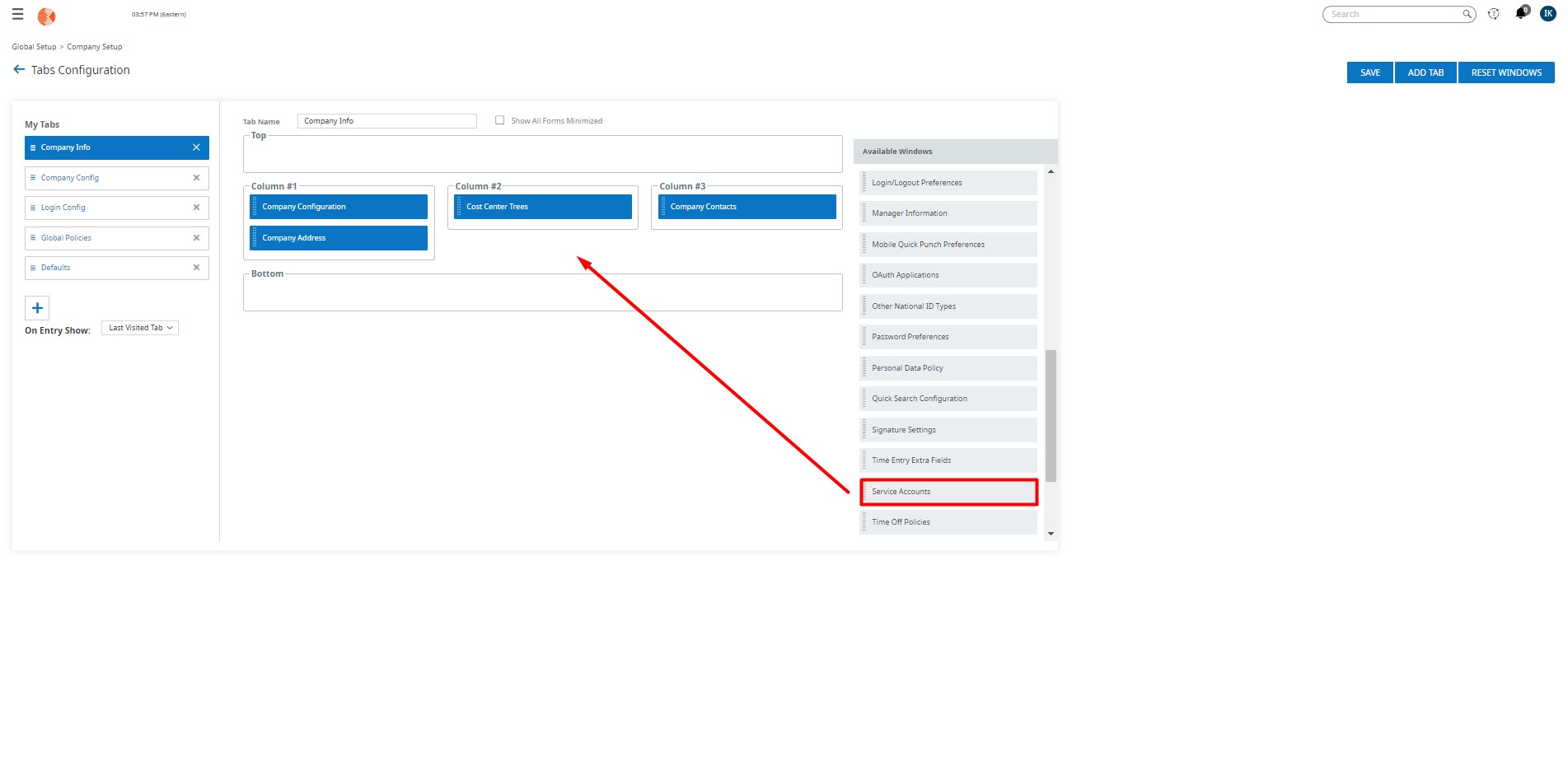 Add Service Accounts Panel