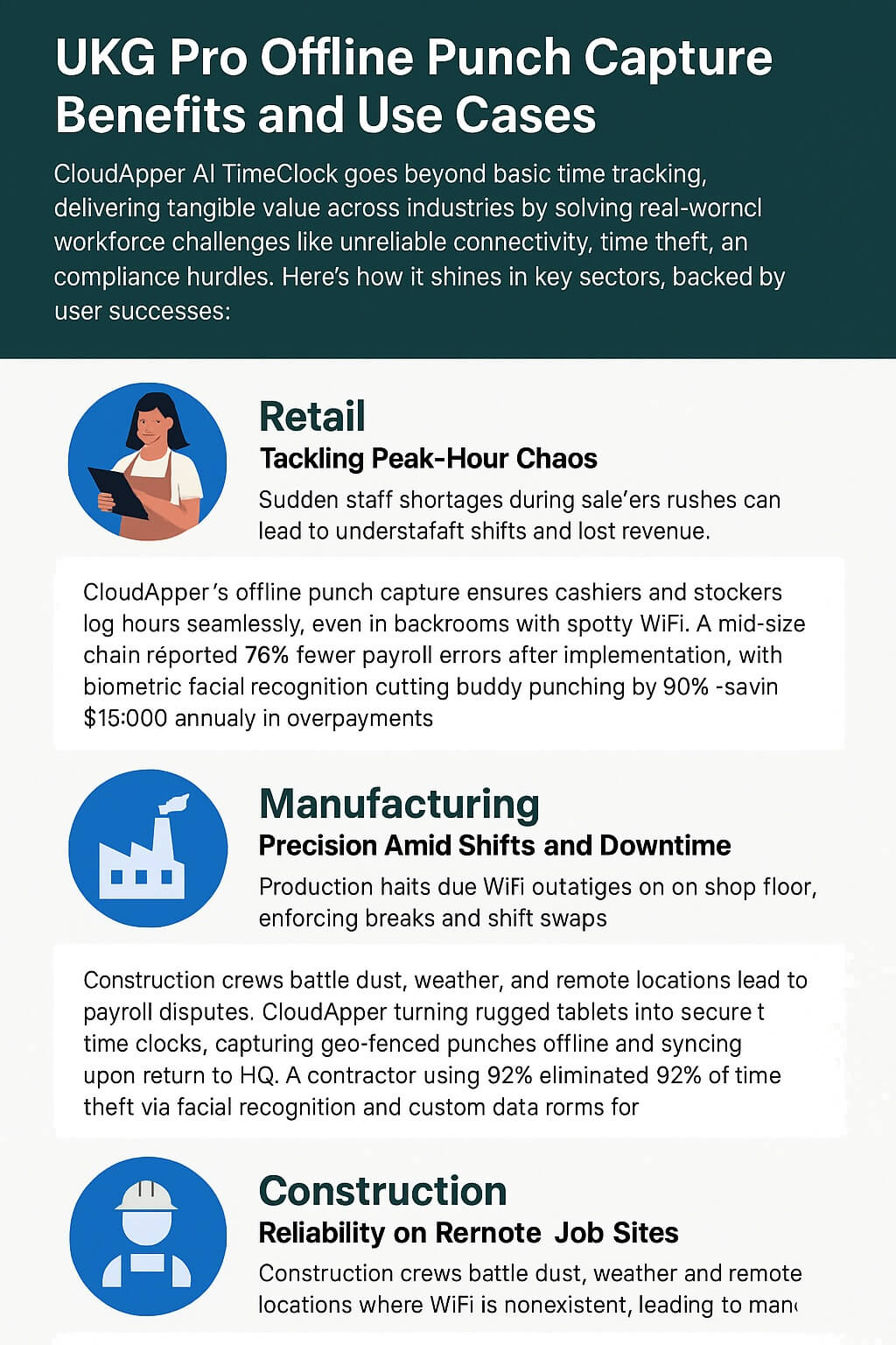 Infographic showing UKG Pro offline punch capture benefits and use cases in retail, manufacturing, and construction with CloudApper AI TimeClock
