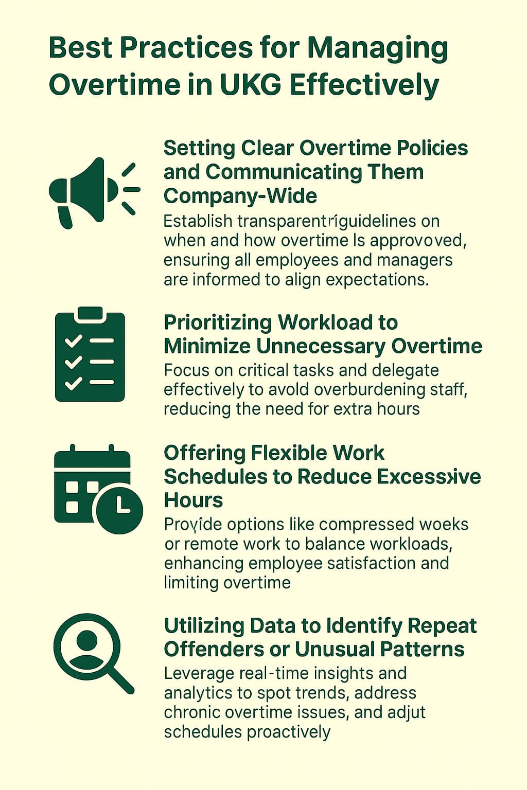 Infographic titled Best Practices for Managing Overtime in UKG with four strategies: clear policies, workload prioritization, flexible schedules, and data insights.