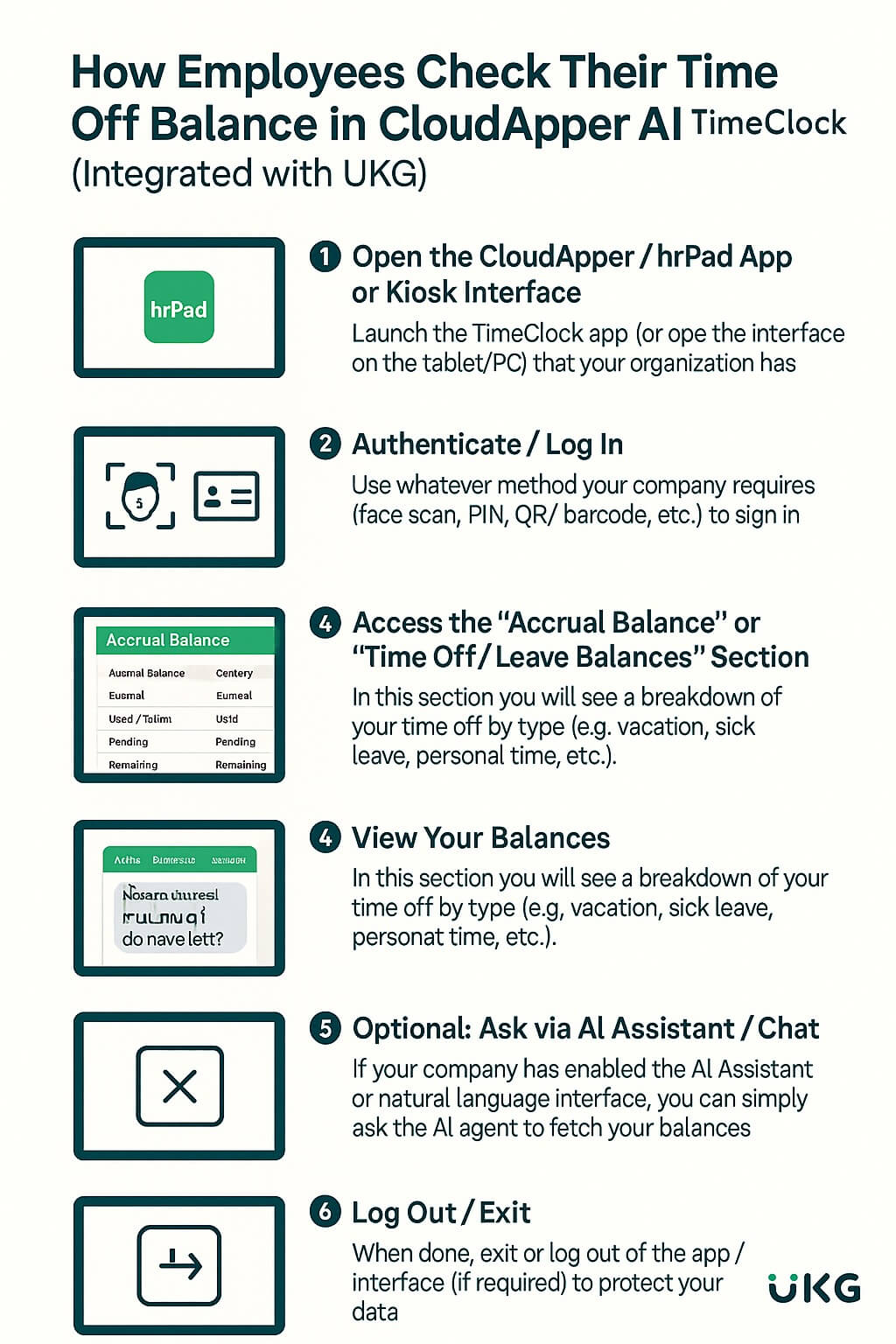 Infographic showing six steps on how employees can check their time off balance in CloudApper AI TimeClock with UKG: open app, authenticate, go to accrual balance, view balances, use AI Assistant, and log out.