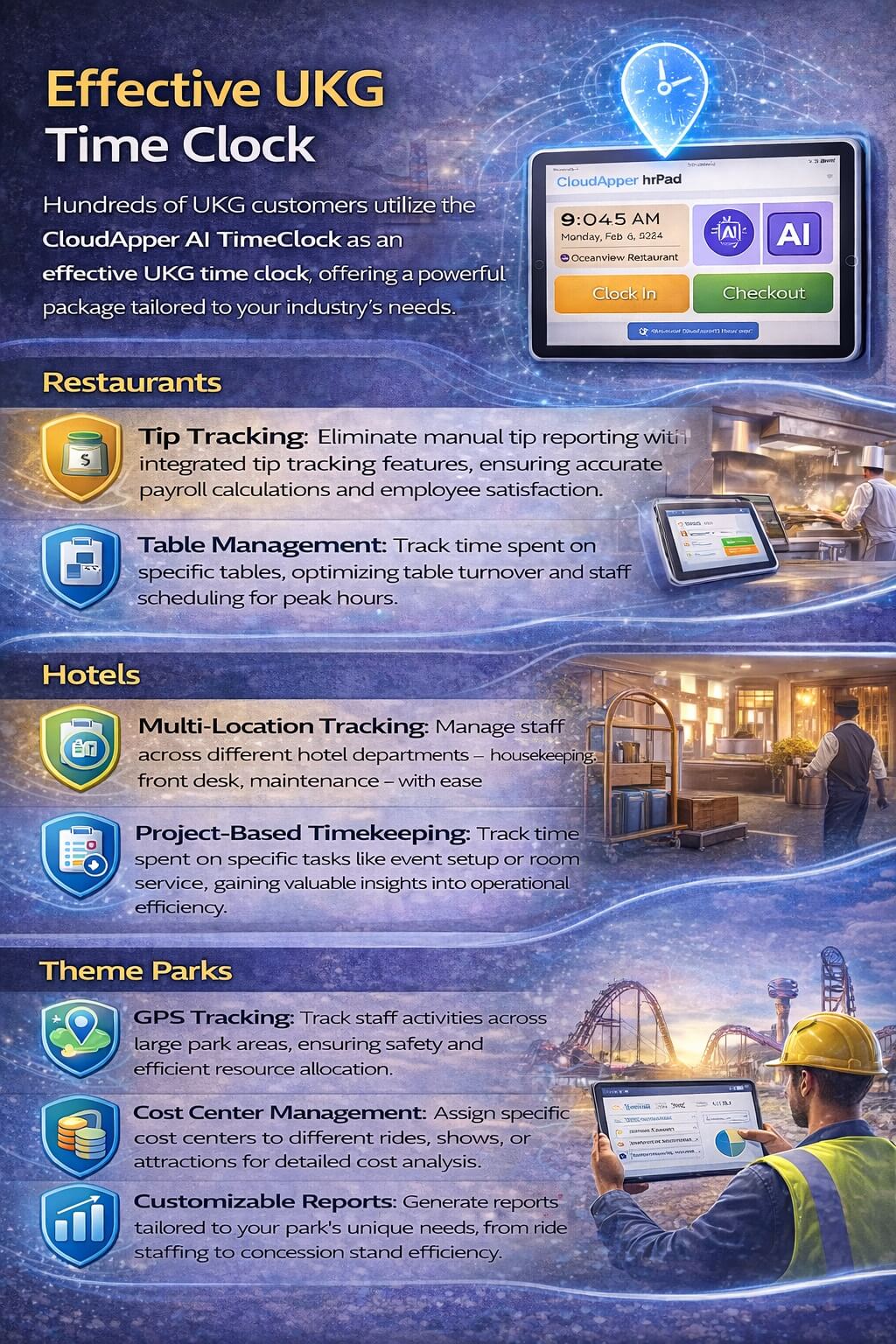 Infographic showing how an effective UKG time clock supports restaurants, hotels, and theme parks with industry-specific time tracking, compliance, and operational insights.