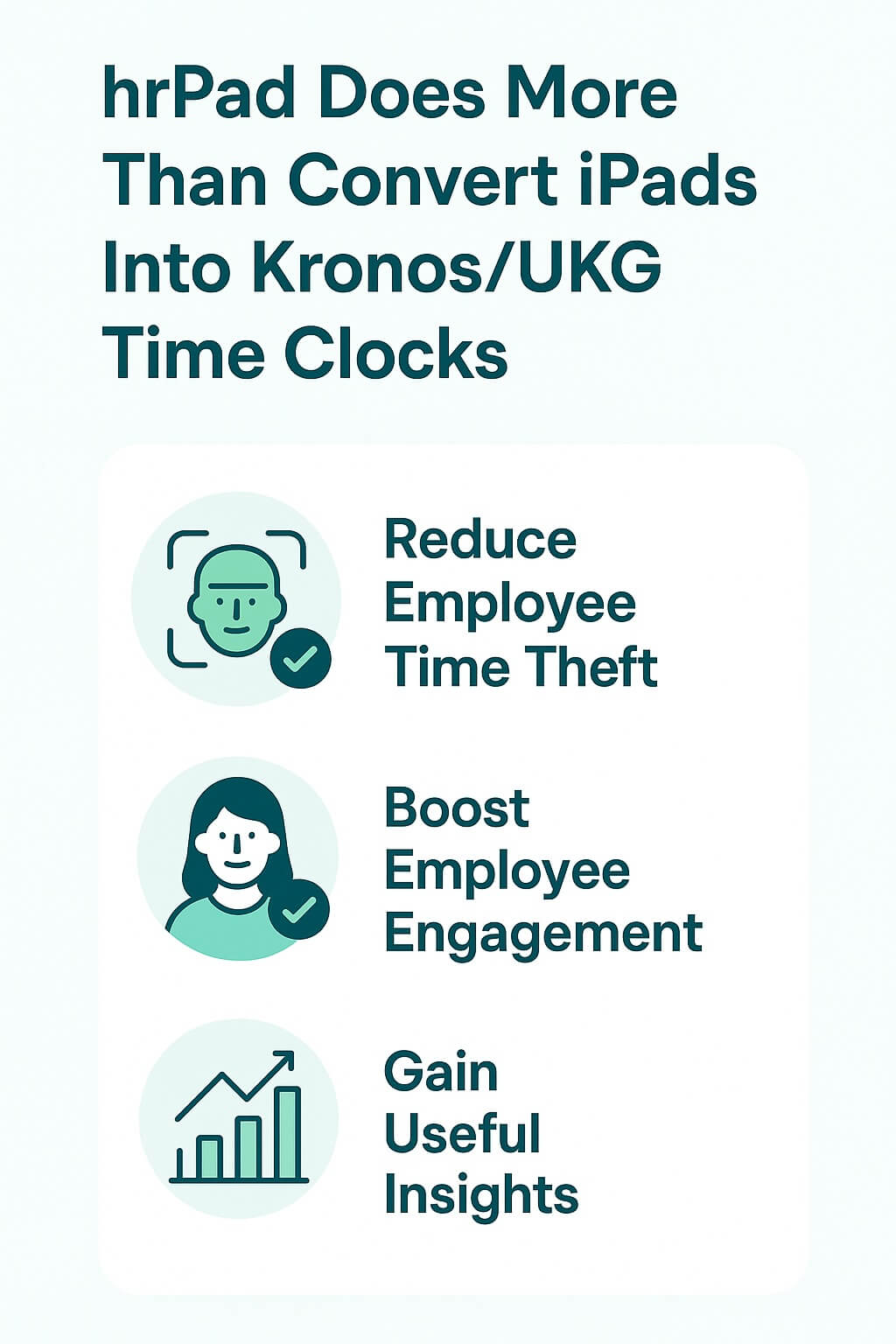 Clean portrait infographic titled “hrPad Does More Than Convert iPads Into Kronos/UKG Time Clocks,” highlighting three benefits — reduce time theft, boost employee engagement, and gain insights — with simple icons in teal and blue tones.