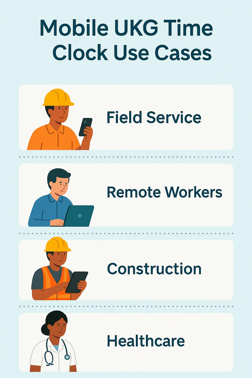 Infographic showing four mobile UKG TimeClock use cases: field service, remote workers, construction, and healthcare.