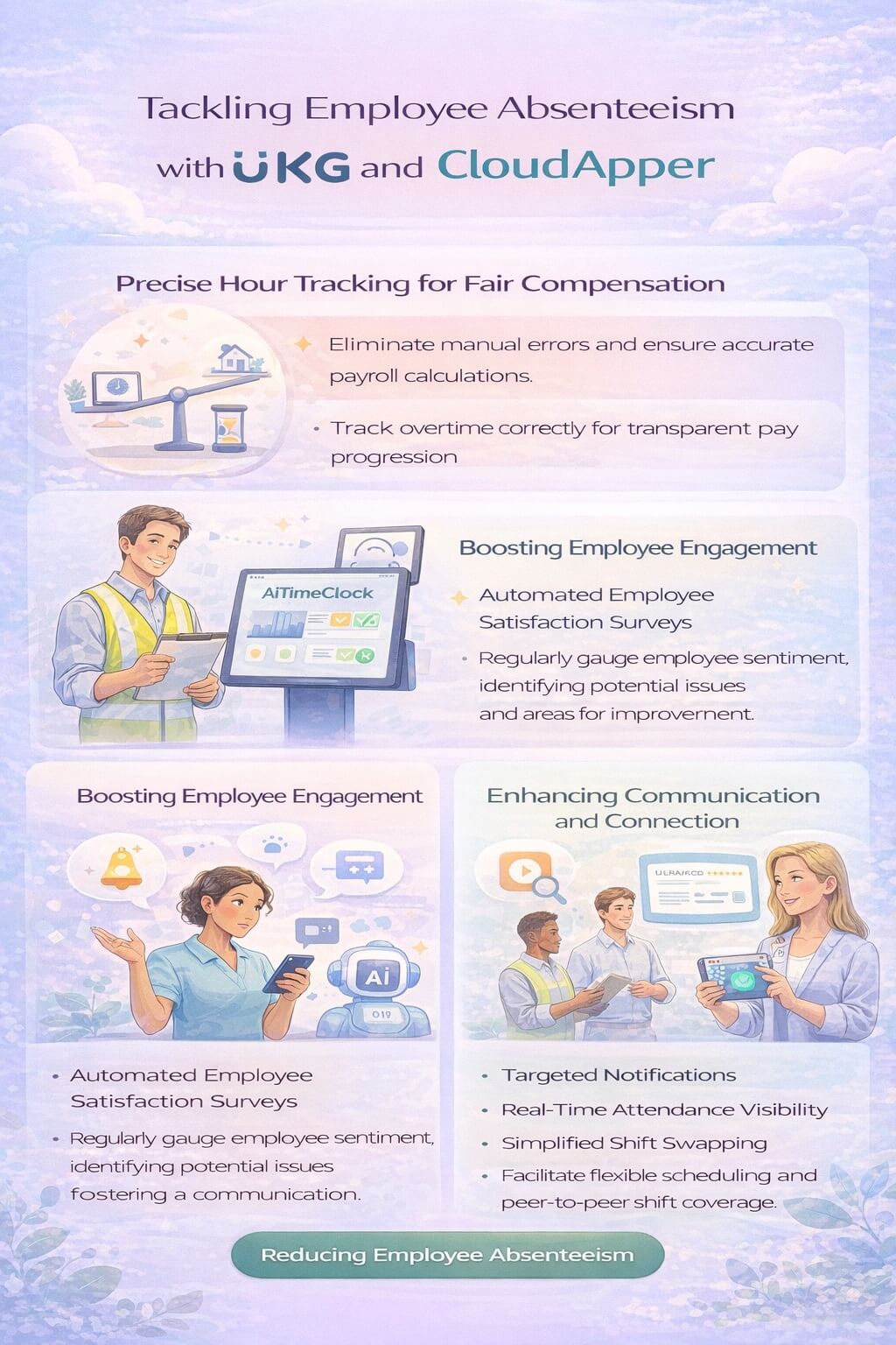 Infographic showing how UKG and CloudApper AI TimeClock help reduce employee absenteeism through accurate time tracking, improved engagement, AI-powered self-service, and better communication.