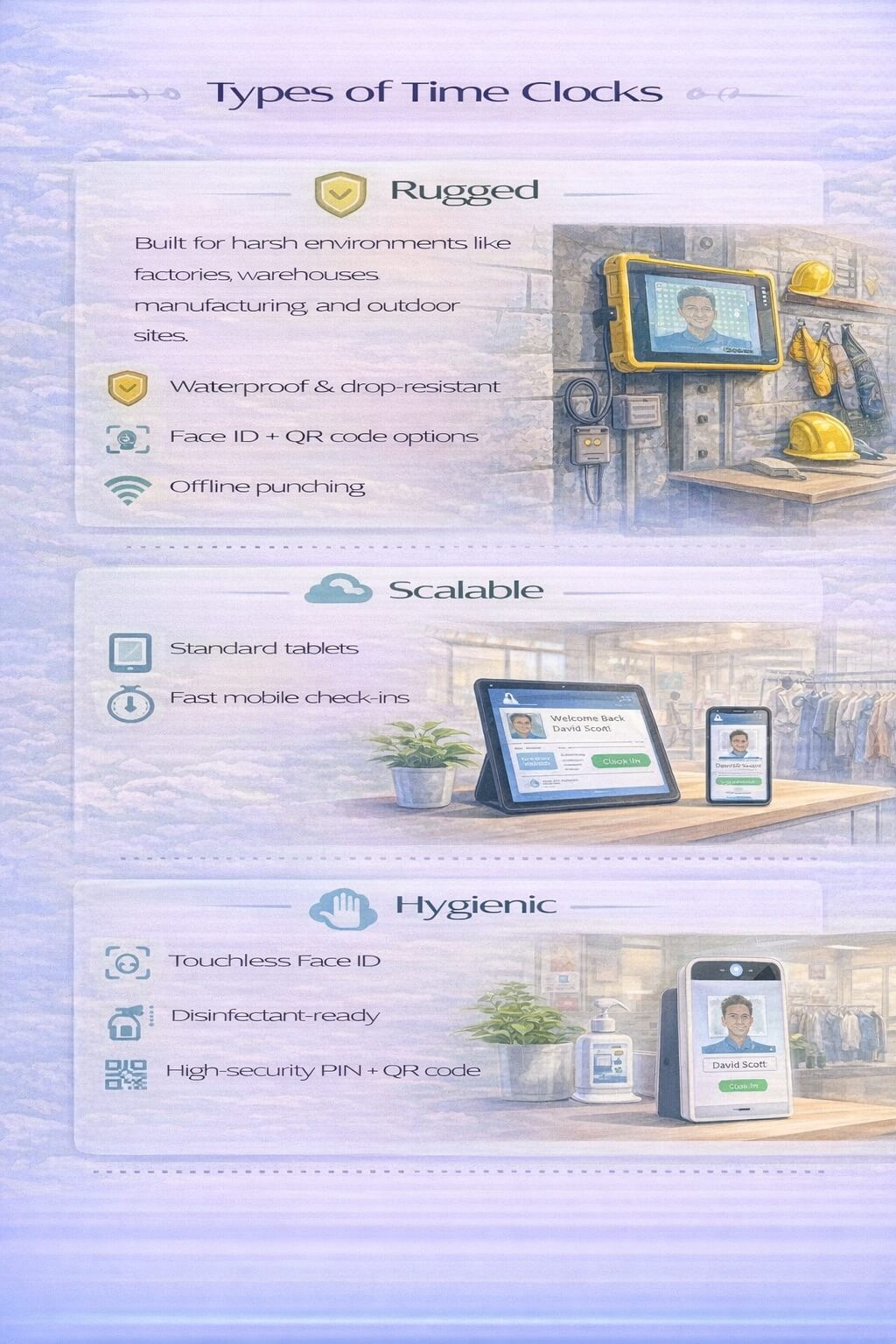Infographic showing three types of UKG time clocks: rugged clocks for harsh environments, scalable tablet-based clocks for multi-site businesses, and hygienic touchless clocks for clean workplaces