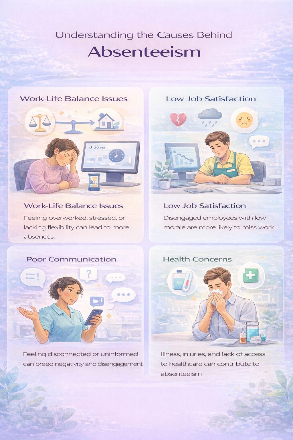 Infographic explaining the main causes of absenteeism, including work-life balance issues, low job satisfaction, poor communication, and health-related concerns.