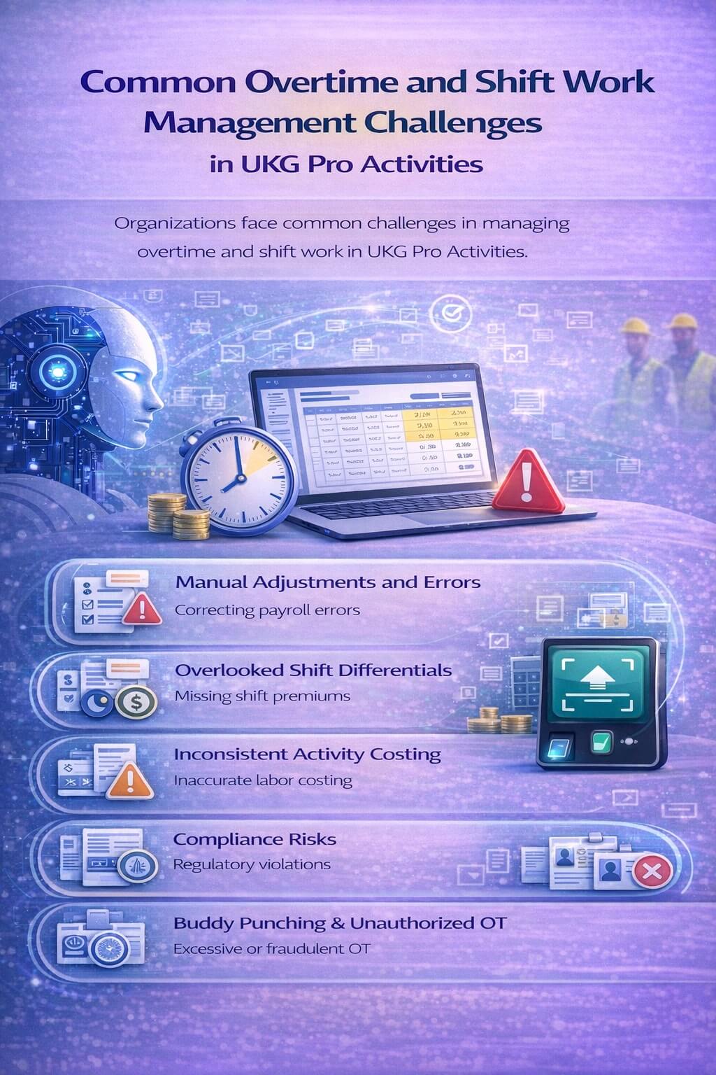 Infographic showing common overtime and shift work management challenges in UKG Pro Activities, including payroll errors, missed shift premiums, compliance risks, inaccurate labor costing, and unauthorized overtime