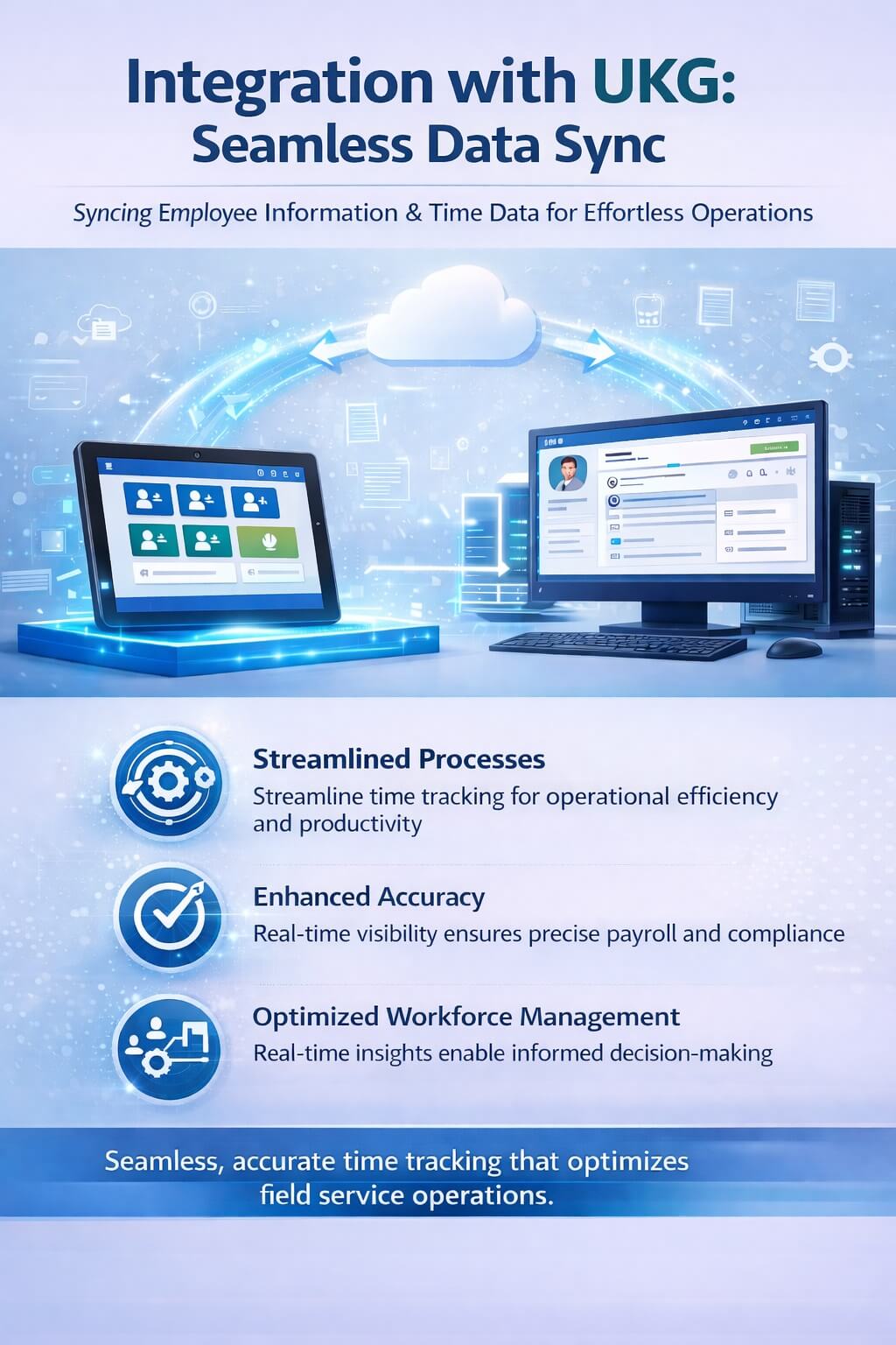 Infographic showing seamless integration with UKG for real-time employee data and time tracking synchronization across field and office systems