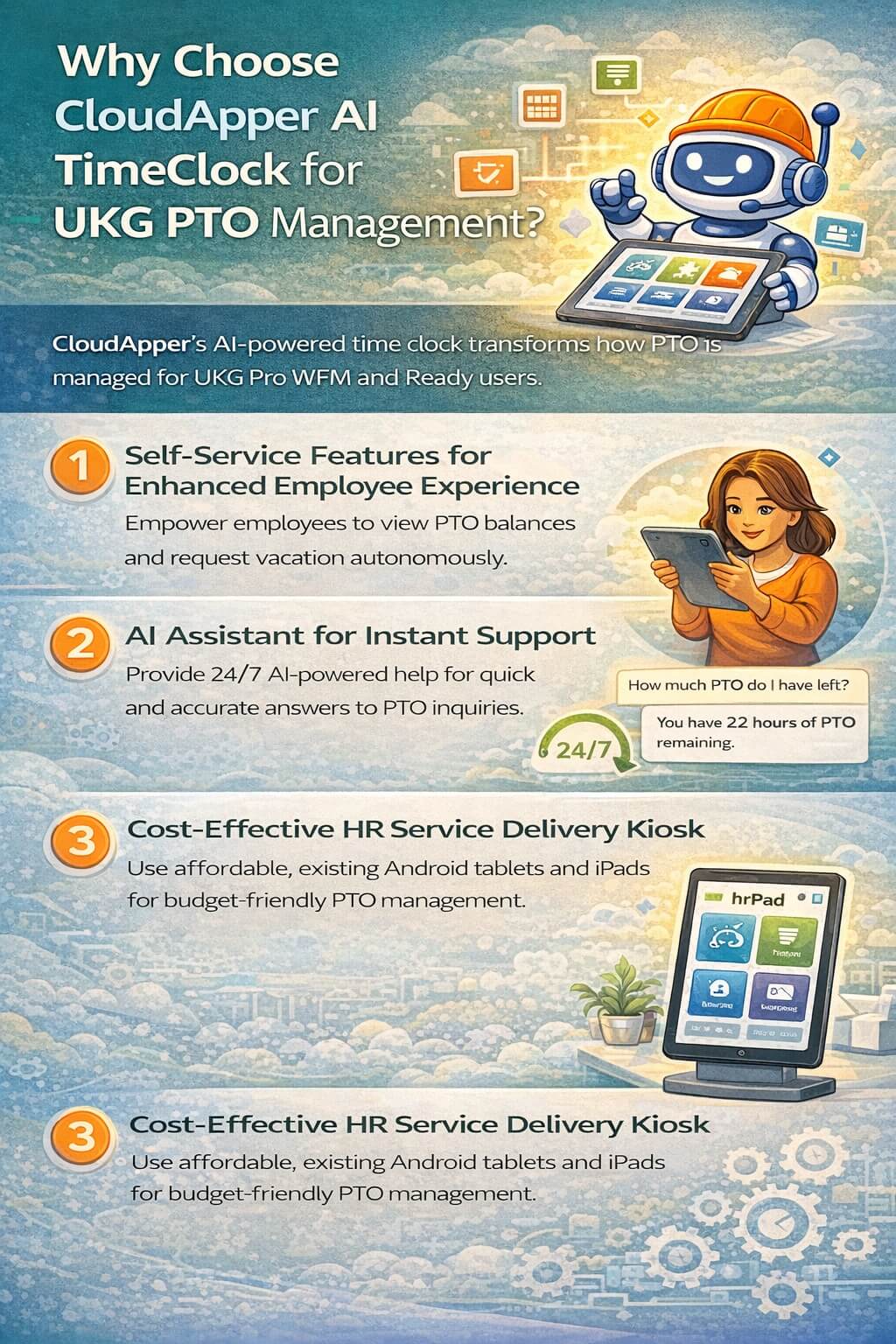 Infographic explaining why CloudApper AI TimeClock with hrPad improves UKG PTO management, highlighting employee self-service, 24/7 AI assistant support, and cost-effective tablet-based HR kiosks.