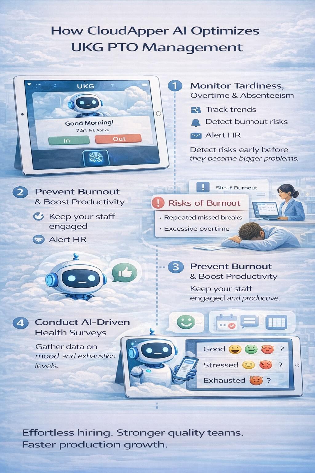 Portrait infographic showing an iPad-based CloudApper AI TimeClock integrated with UKG to optimize PTO management by monitoring tardiness, overtime, absenteeism, burnout risk, and employee well-being through AI insights and surveys.