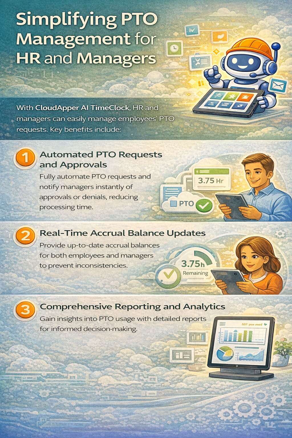 Infographic showing how CloudApper AI TimeClock simplifies PTO management with automated requests and approvals, real-time accrual balance updates, and comprehensive PTO reporting and analytics for HR and managers.