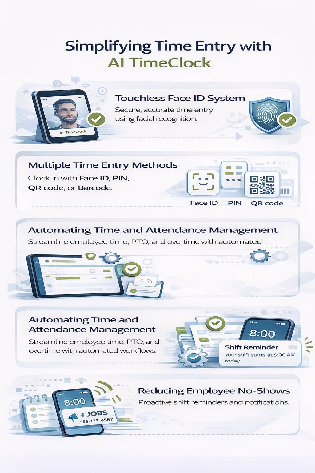 Clean infographic showing how AI time clocks simplify time entry with touchless face ID, multiple clock-in methods, automated time and attendance workflows, and proactive shift reminders—without logos or branding.