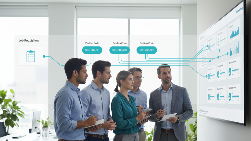 HR team reviewing a digital recruiting dashboard that shows one job requisition linked to multiple position codes in UKG, with candidate profiles and reporting metrics.