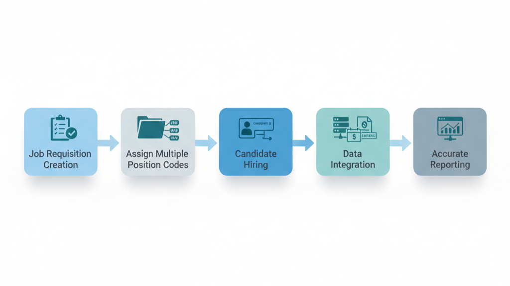 Linear flowchart infographic showing the requisition process in UKG Recruiting with steps for job requisition creation, assigning multiple position codes, candidate hiring, data integration, and accurate reporting