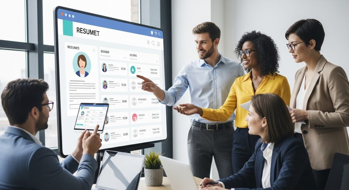 Recruiters reviewing candidate dashboards on a digital screen, analyzing profiles and rankings as part of smart hiring automation with UKG and CloudApper