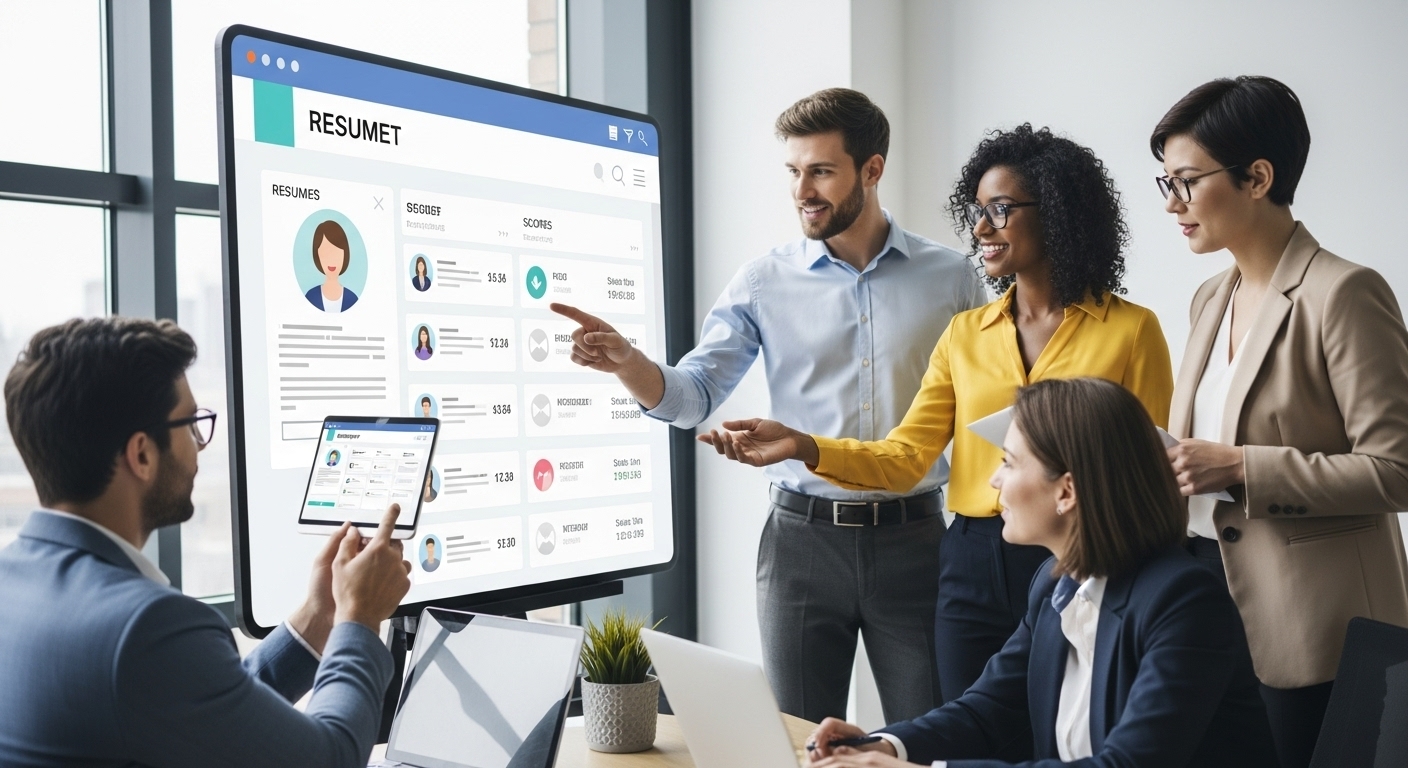 Recruiters reviewing candidate dashboards on a digital screen, analyzing profiles and rankings as part of smart hiring automation with UKG and CloudApper