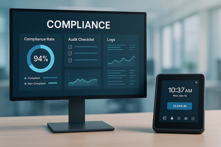 Computer screen displaying compliance dashboard with charts and audit checklists alongside a digital time clock in a corporate office.