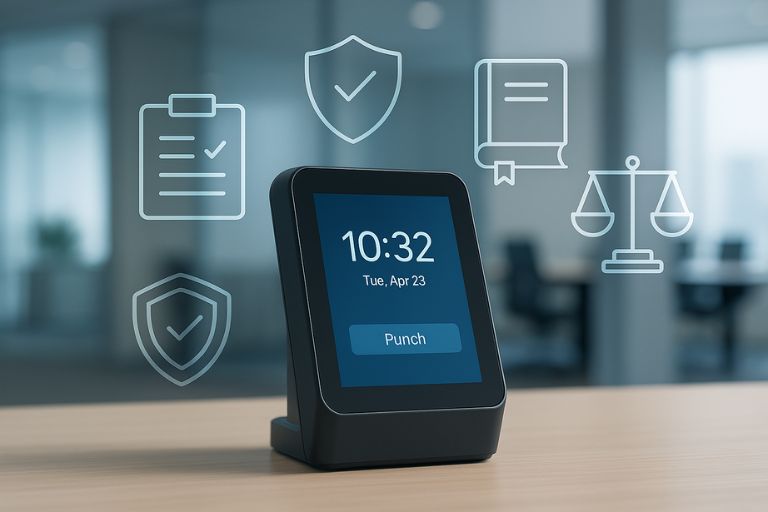 Sleek digital time clock with touchscreen surrounded by compliance icons including checklist, shield, law book, and scales of justice in a modern office.