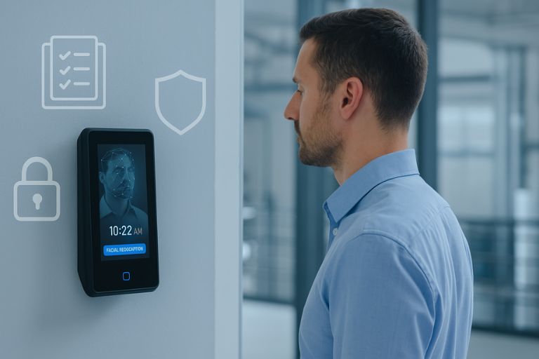 Professional employee using facial recognition on a digital time clock for secure workforce compliance tracking in a modern office setting.