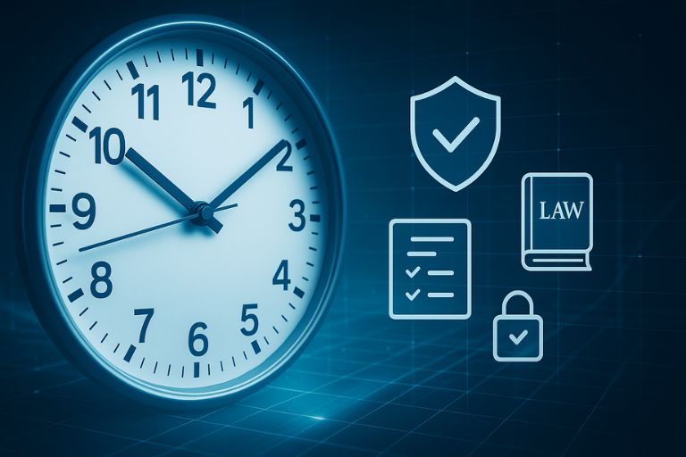 Large modern clock face blended with compliance icons such as shield, law book, and audit checklist over a futuristic digital grid background.