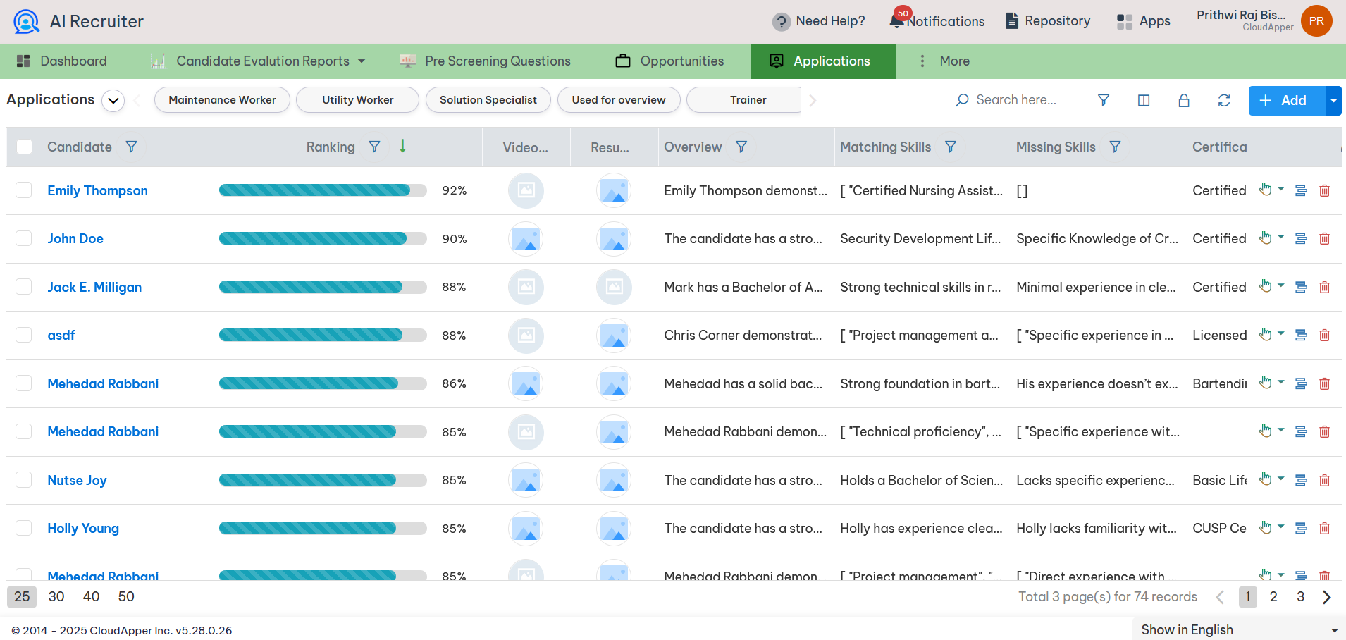 AI integration with UKG shown through the AI Recruiter Applications dashboard, displaying candidate rankings, resumes, skills, and certifications for various job roles.