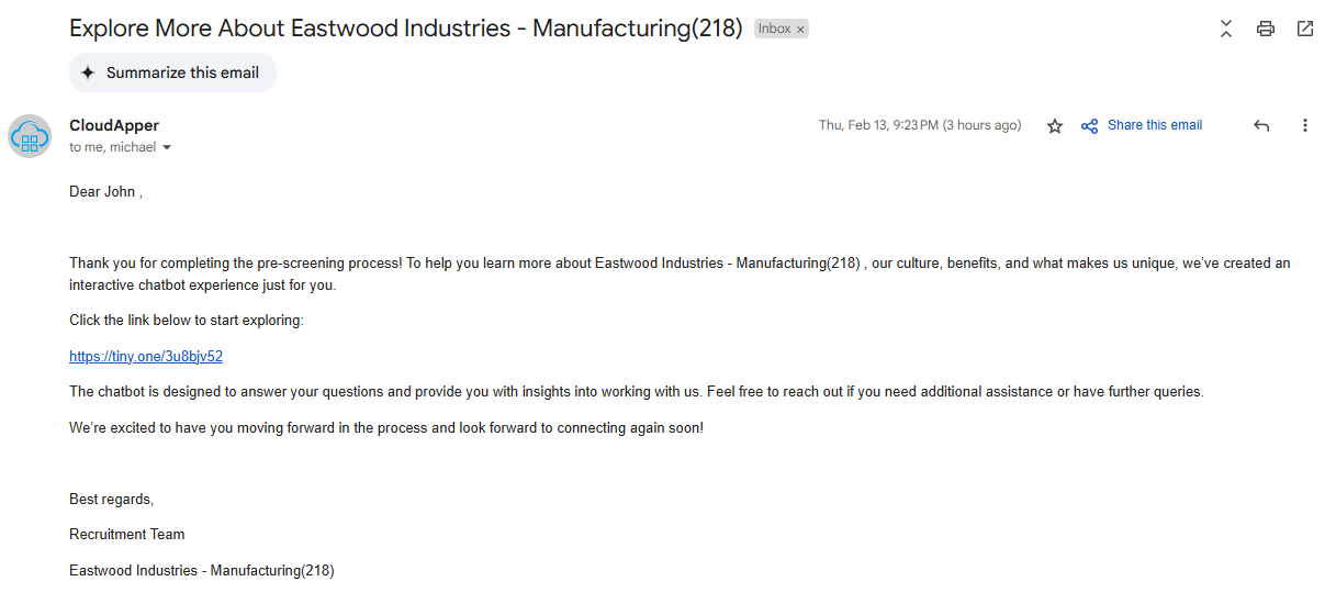 Email from CloudApper to a candidate named John, thanking him for completing the pre-screening process and inviting him to explore more about Eastwood Industries - Manufacturing(218) via an interactive chatbot link.