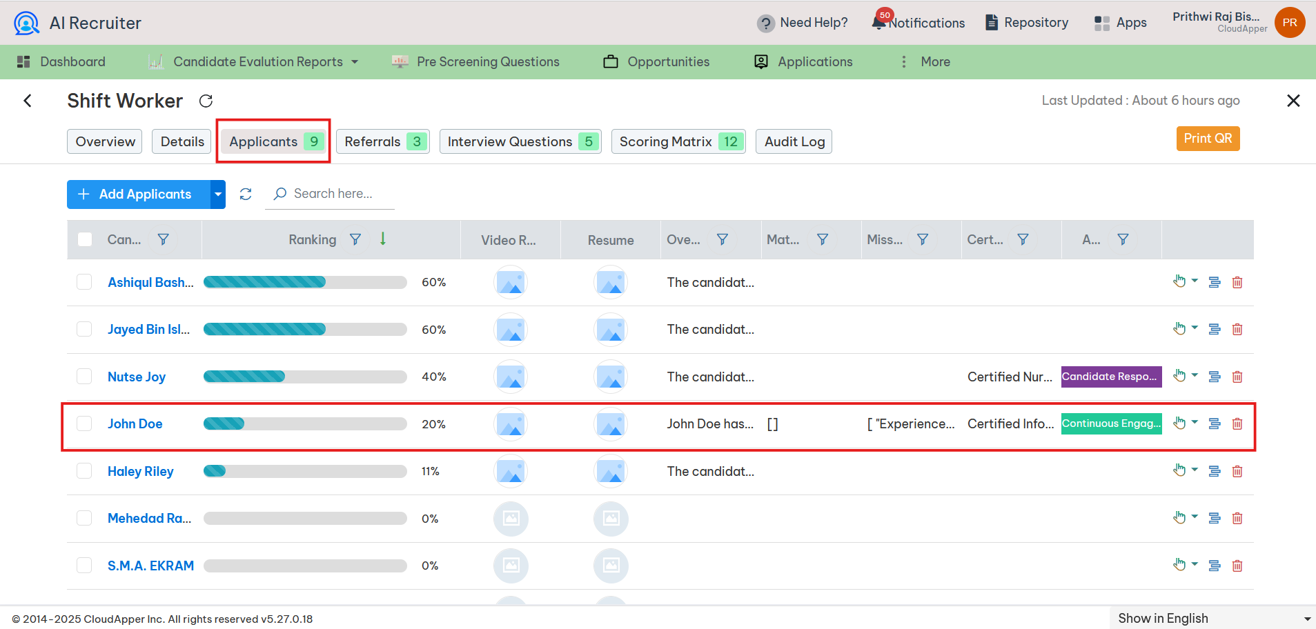 AI Recruiter Applicants dashboard showing a list of candidates, their ranking scores, resume previews, and continuous engagement status integrated with UKG.