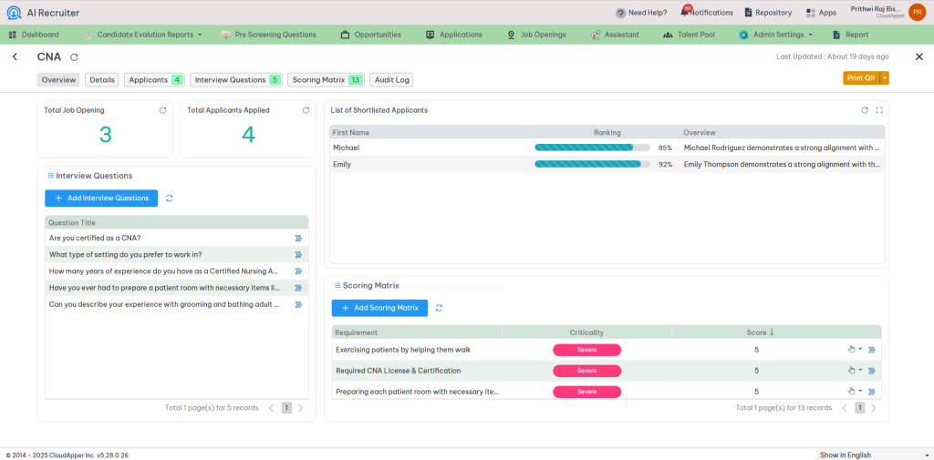 AI Recruiter interface showing CNA job applicant data, including interview questions, scoring matrix, total job openings, and shortlisted candidates with ranking percentages.