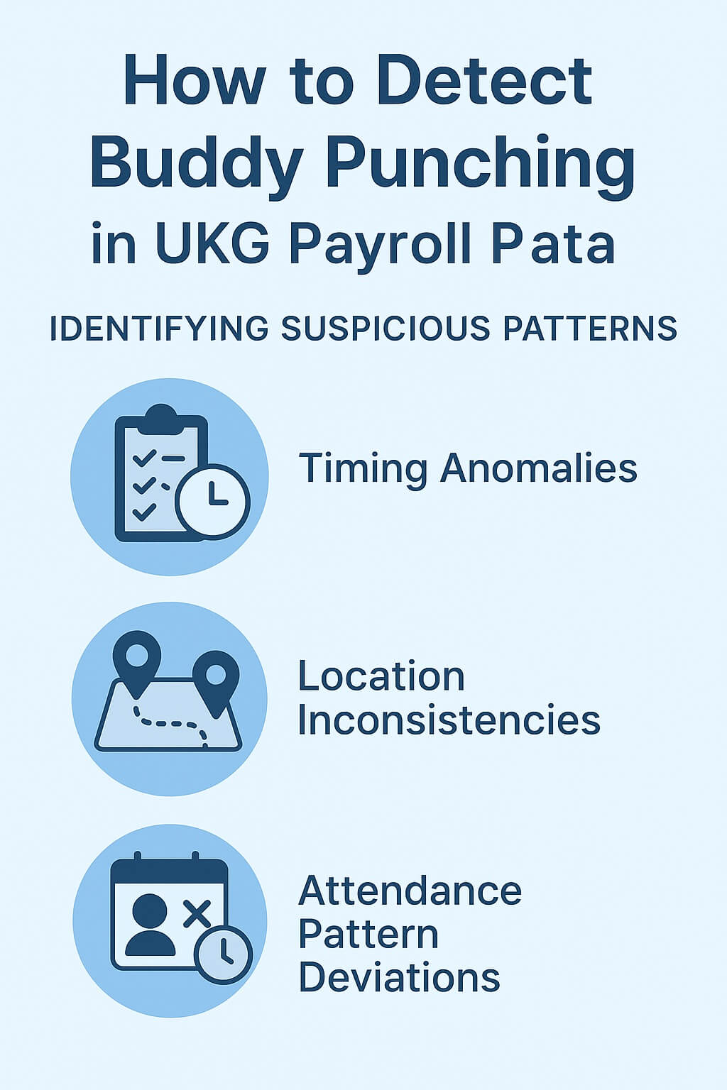 Infographic showing how to detect buddy punching in UKG payroll data using timing anomalies, location inconsistencies, and attendance pattern deviations