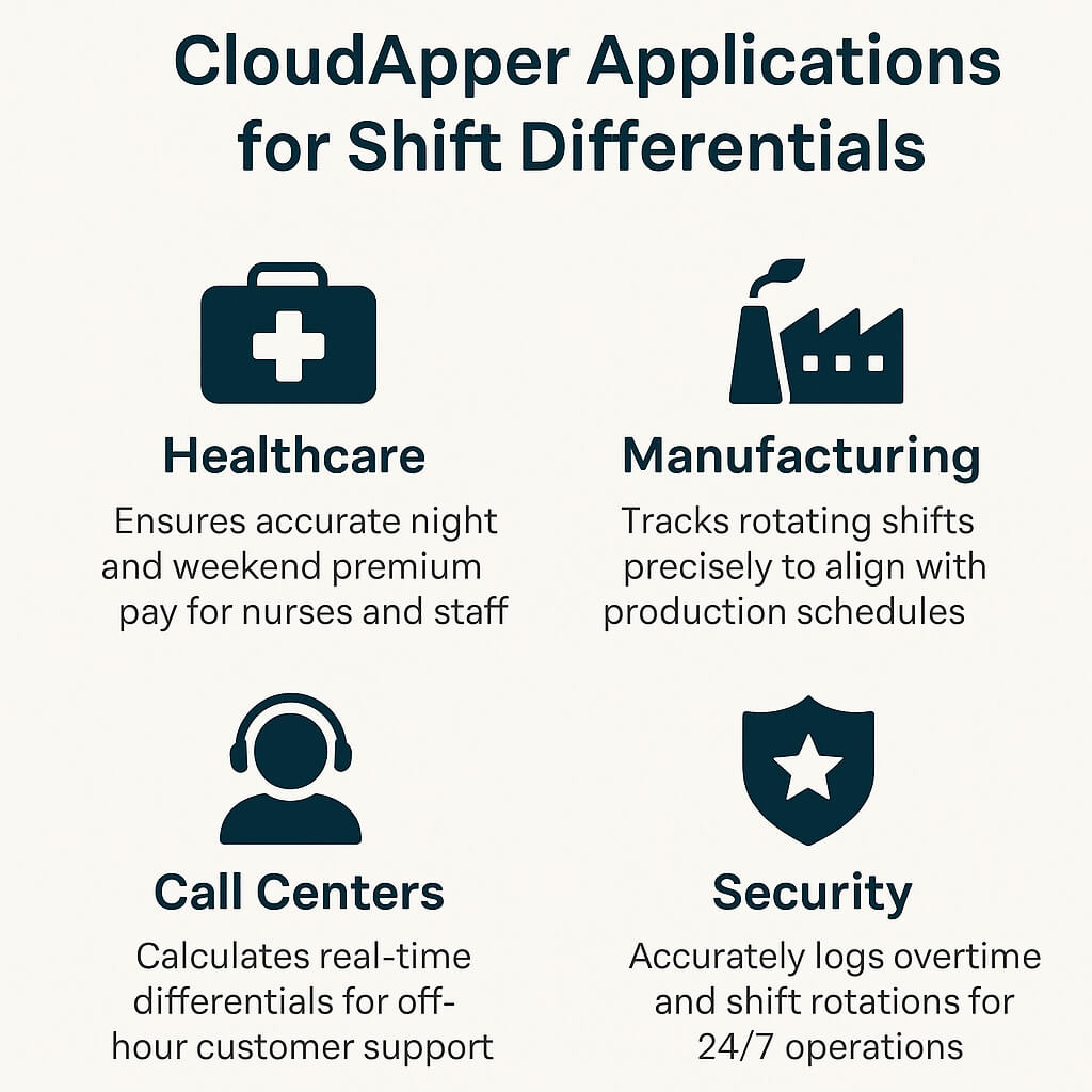 Infographic showing CloudApper shift differential applications across four industries—healthcare, manufacturing, call centers, and security—with icons and brief descriptions.