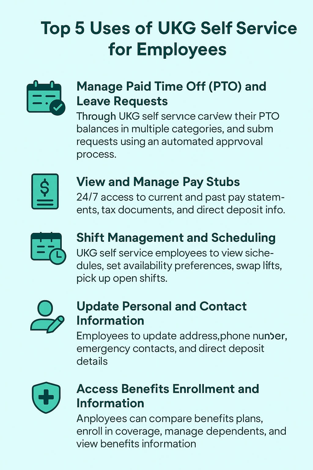 Infographic titled “Top 5 Uses of UKG Self Service for Employees” featuring icons and brief text for five sections: Manage PTO, View Pay Stubs, Shift Management, Update Personal Info, and Access Benefits Enrollment, in a modern UKG and CloudApper color scheme.
