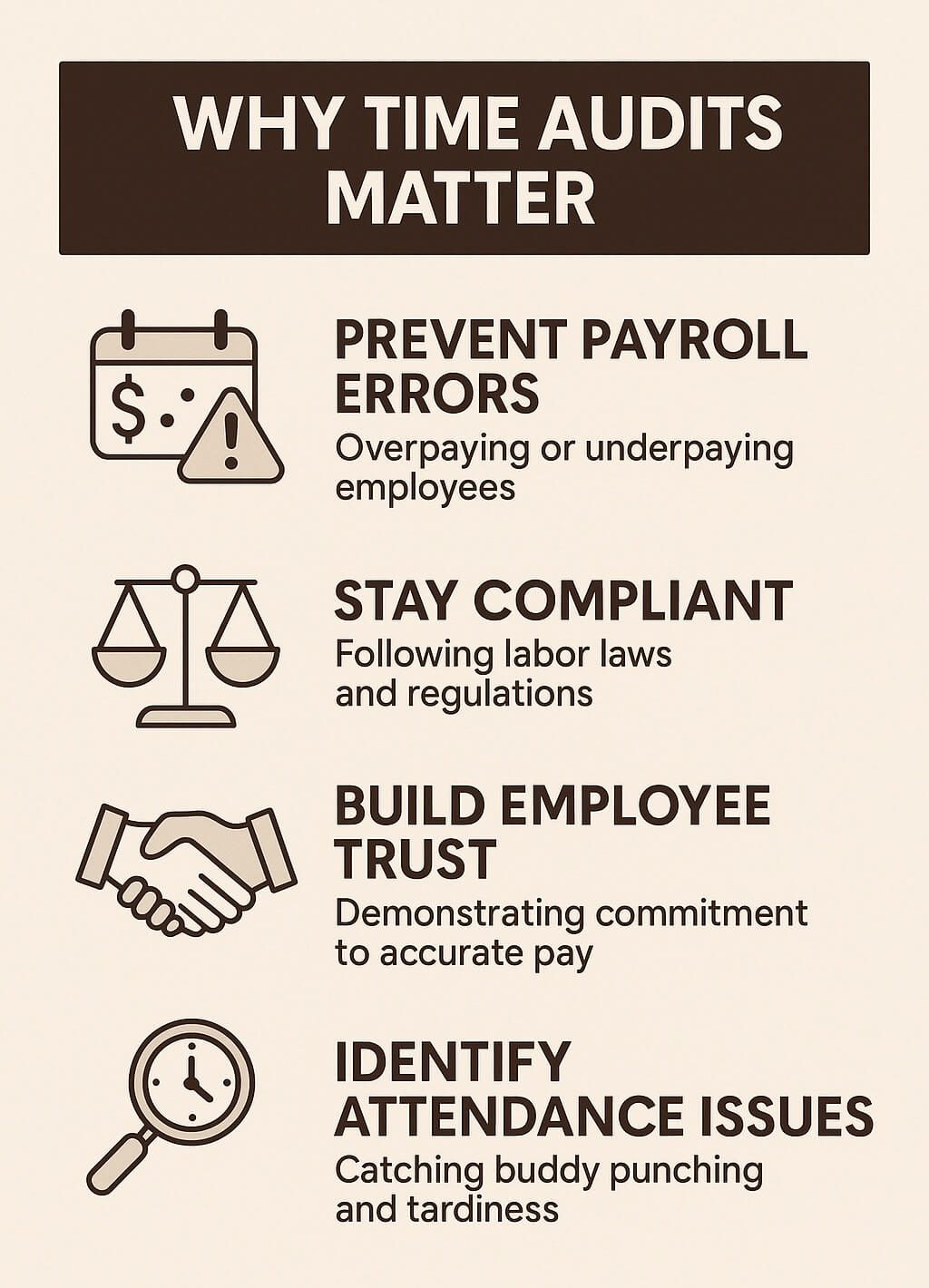Infographic showing four key reasons why time audits matter: prevent payroll errors, stay compliant with labor laws, build employee trust, and identify attendance issues.