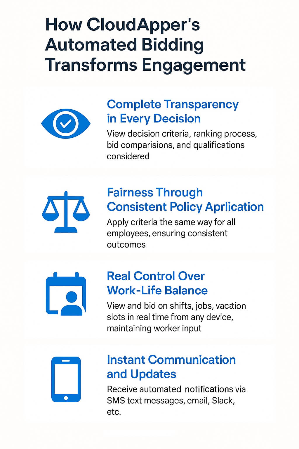 CloudApper automated bidding infographic showing transparency, fairness, work-life balance, and instant communication benefits for UKG users.