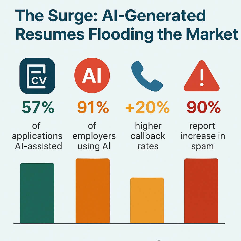 Infographic showing statistics on AI-generated resumes, including 57% AI-assisted applications, 91% of employers using AI, 20% higher callback rates, and 90% spam increase.