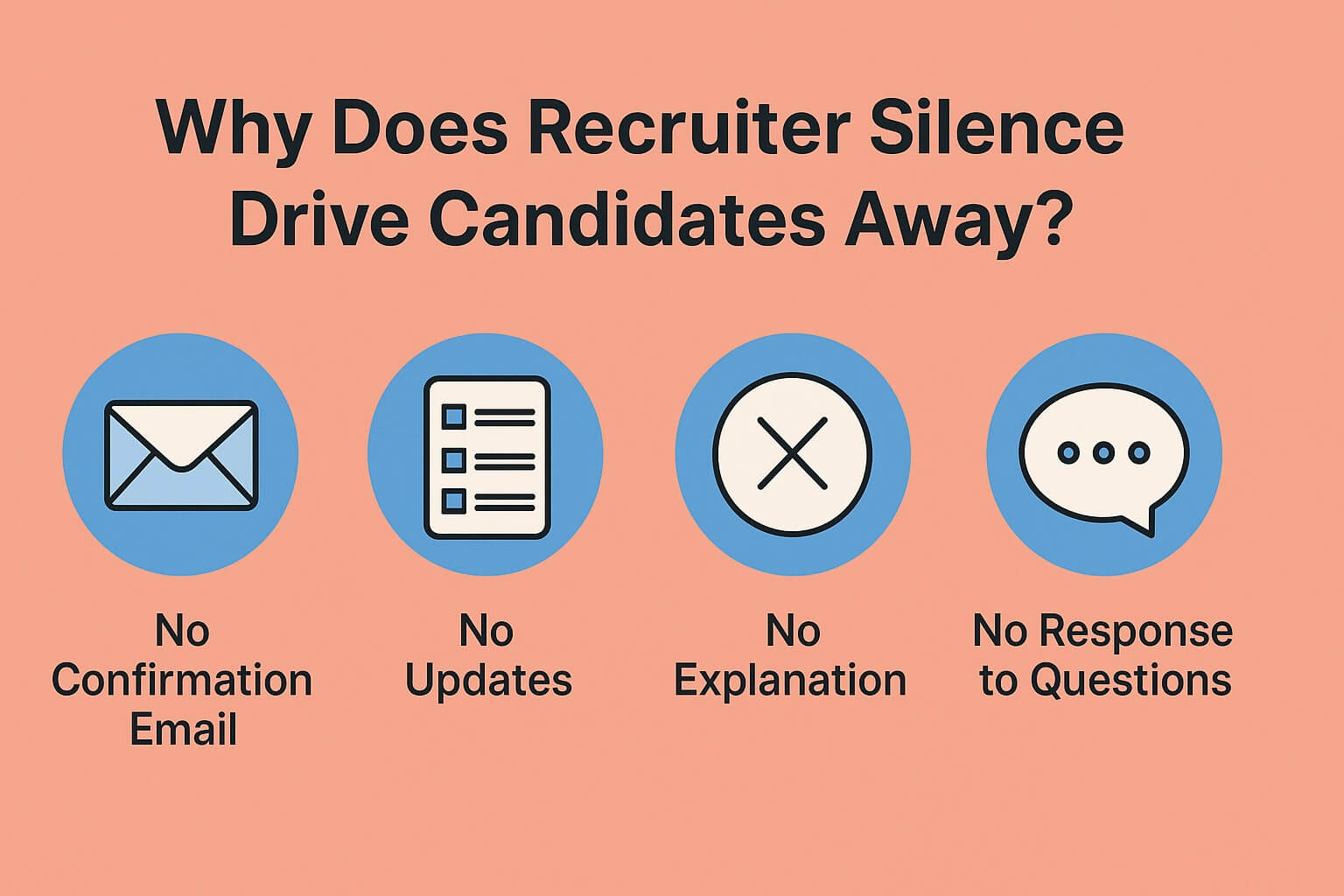Infographic illustrating why recruiter silence drives candidates away, showing four icons for no confirmation email, no updates, no explanation, and no response to questions.