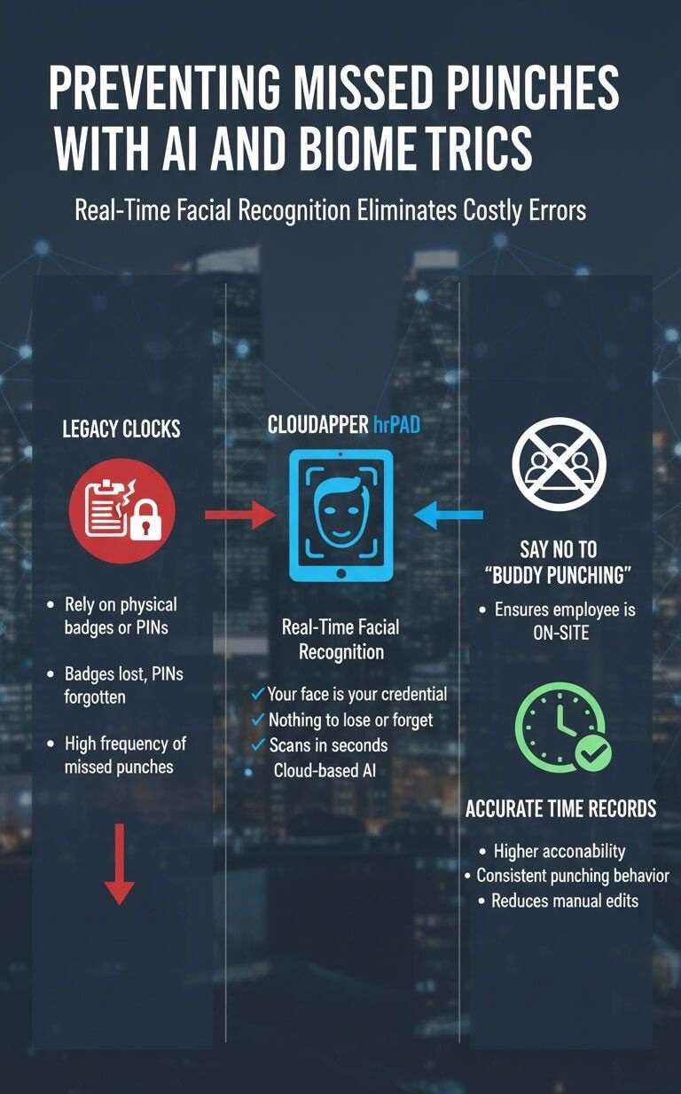 Infographic showing how AI and biometric facial recognition technology like CloudApper hrPad prevent missed punches, eliminate buddy punching, and improve timekeeping accuracy compared to legacy clocks.